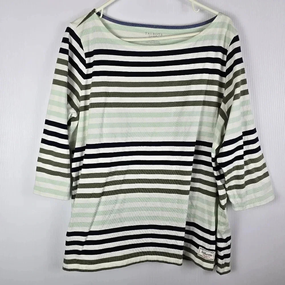 Talbots Plus Size Olive Navy Mint Striped Boxy Boatneck Nautical 3/4 Sleeve 2XP